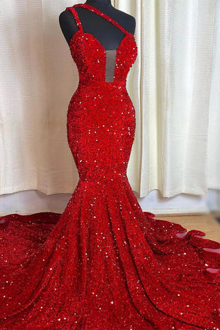 Elegant Red Long One Shoulder Sequins Sleeveless Mermaid Prom Dress