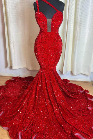 Elegant Red Long One Shoulder Sequins Sleeveless Mermaid Prom Dress