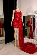 Red Short Sleeveless Simple Sequins Open Back Prom Dress with Long Trail
