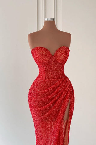 Red Sleeveless Sequins Sweetheart Long Mermaid Evening Dress with Split