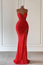 Red Sleeveless Sequins Sweetheart Long Mermaid Evening Dress with Split