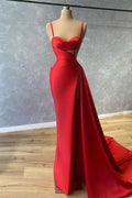 Rotes Spaghettiträger-Abendkleid im Meerjungfrau-Stil mit Herzausschnitt und Rüschen