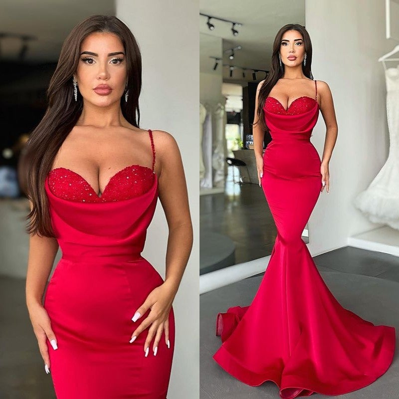 Red Sweetheart Spaghetti Straps Long Satin Mermaid Prom Dress