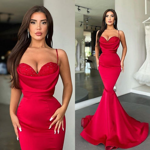 Red Sweetheart Spaghetti Straps Long Satin Mermaid Prom Dress