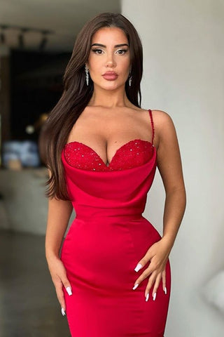 Red Sweetheart Spaghetti Straps Long Satin Mermaid Prom Dress
