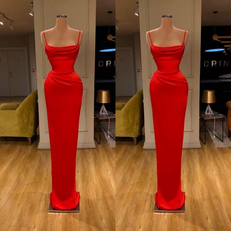 Red Spaghetti Straps Mermaid Long Satin Strapless Evening Dresses