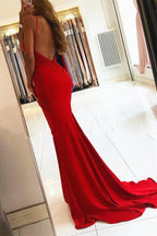 Red Spaghetti Straps Long V-neck Mermaid Prom Dress with Appliques Lace