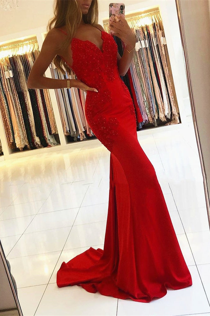 Red Spaghetti Straps Long V-neck Mermaid Prom Dress with Appliques Lace