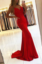 Red Spaghetti Straps Long V-neck Mermaid Prom Dress with Appliques Lace