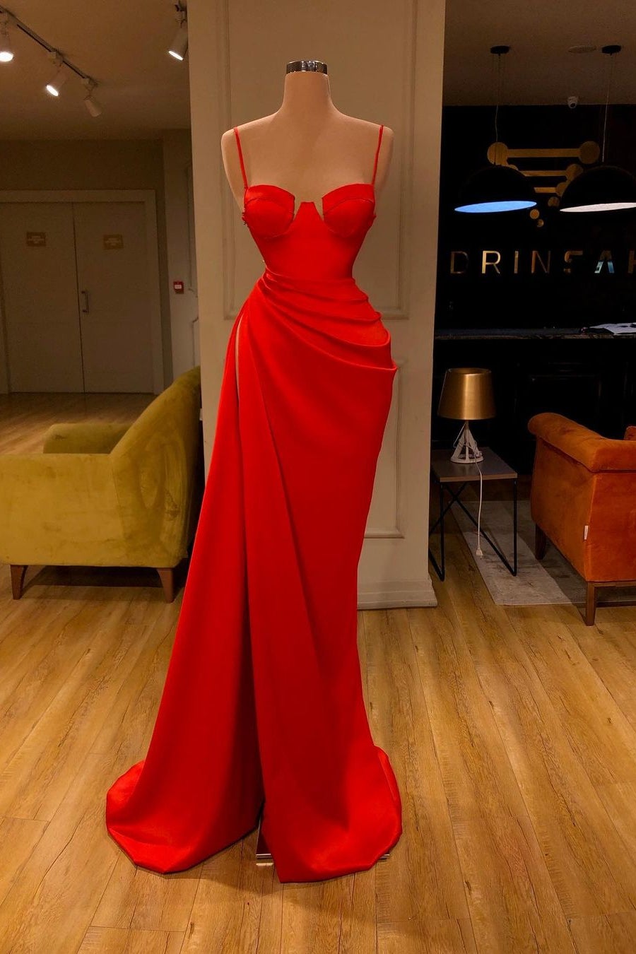 Red Spaghetti Straps Mermaid Satin Long Evening Dress with Split