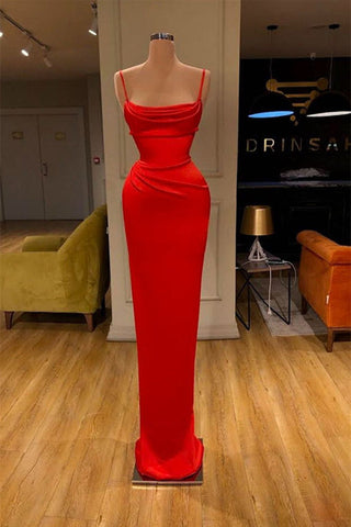 Red Spaghetti Straps Mermaid Long Satin Strapless Evening Dresses