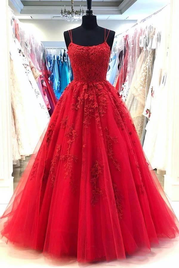 Vestido de festa comprido vermelho com alças finas e aplicações de renda em tule PSK048 