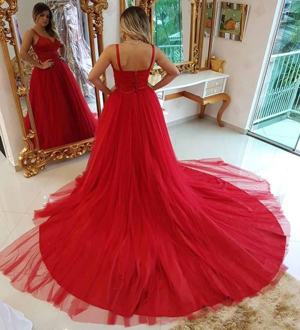 Rotes Spaghettiträgerkleid mit tiefem V-Ausschnitt und rückenfreiem Tüll-Abschlussballkleid PG920