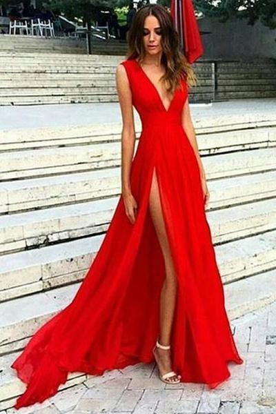 Vestido de festa vermelho com decote em V profundo em chiffon, sexy, costas em V, PG733