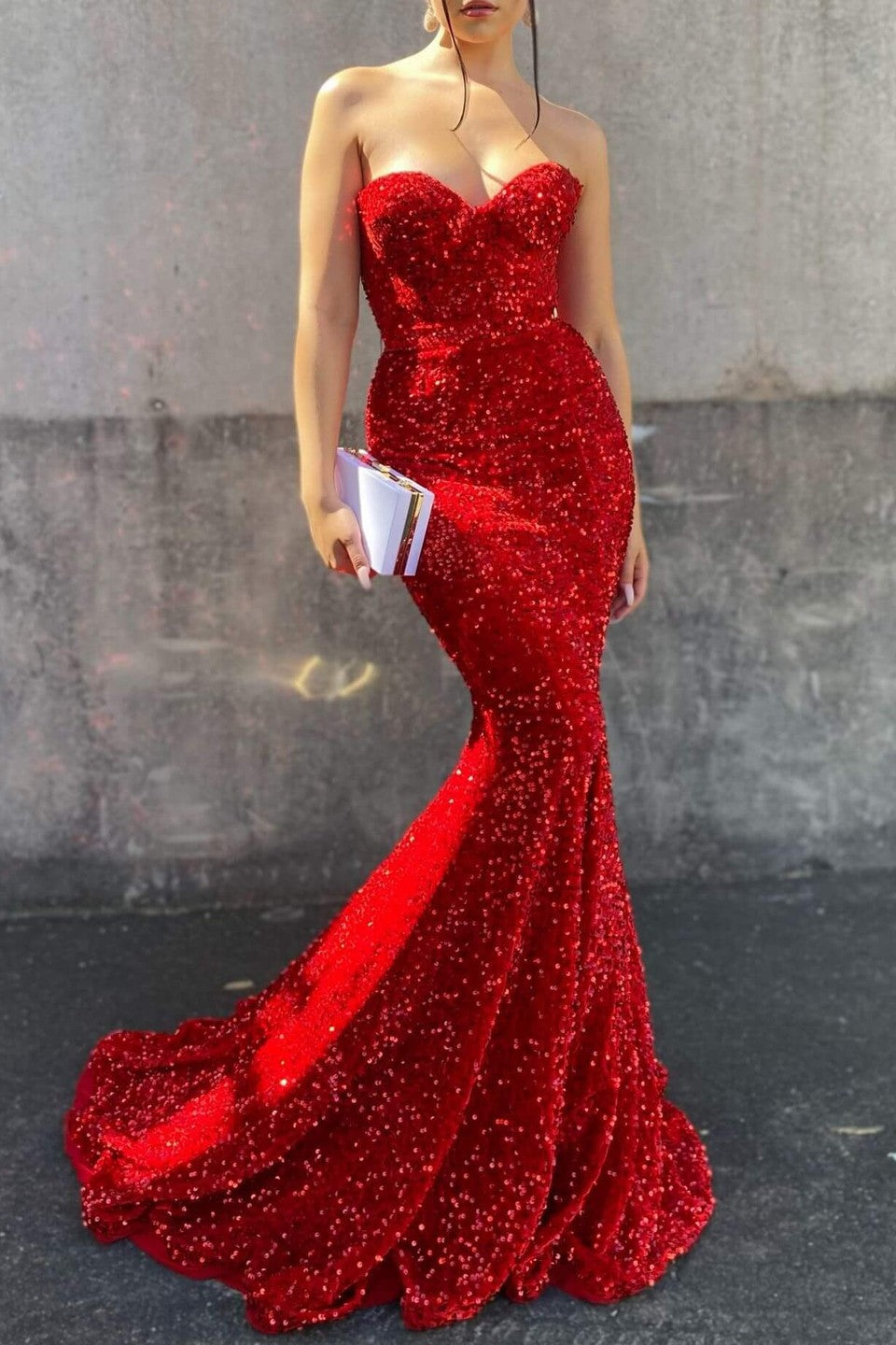 Red Sweetheart Long Mermaid Evening Dress with Sequins