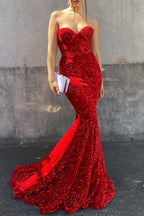 Red Sweetheart Long Mermaid Evening Dress with Sequins