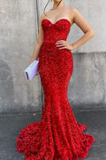 Robe de soirée sirène longue rouge cœur sucré avec paillettes