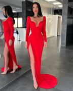 Red Sweetheart Long Sleeves Mermaid Satin Prom Dress with Split
