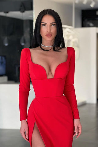 Red Sweetheart Long Sleeves Mermaid Satin Prom Dress with Split