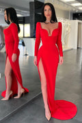 Rotes Meerjungfrau-Ballkleid aus Satin mit Herzausschnitt und langen Ärmeln und Schlitz