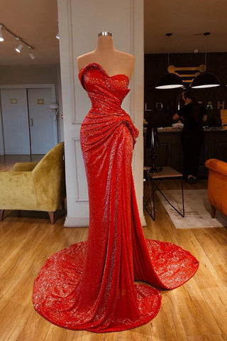 Red Sweetheart Mermaid Sequins Long Evening Dresses with Slit