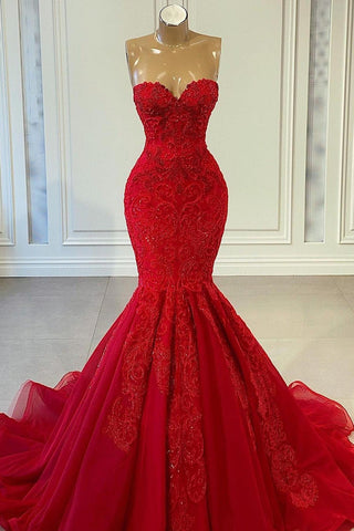 Red Sweetheart Sleeveless Mermaid Long Evening Dress with Beadings