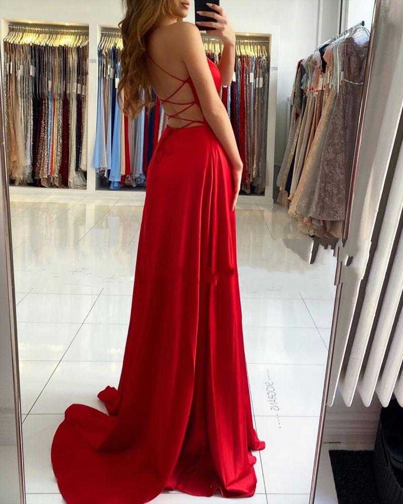 Red Long A-line V-Neck Satin Open Back Prom Dress with Split