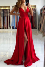 Red Long A-line V-Neck Satin Open Back Prom Dress with Split
