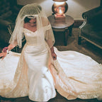 Retro Trägerlos-Nixen-Hochzeitskleid mit Überschleppe