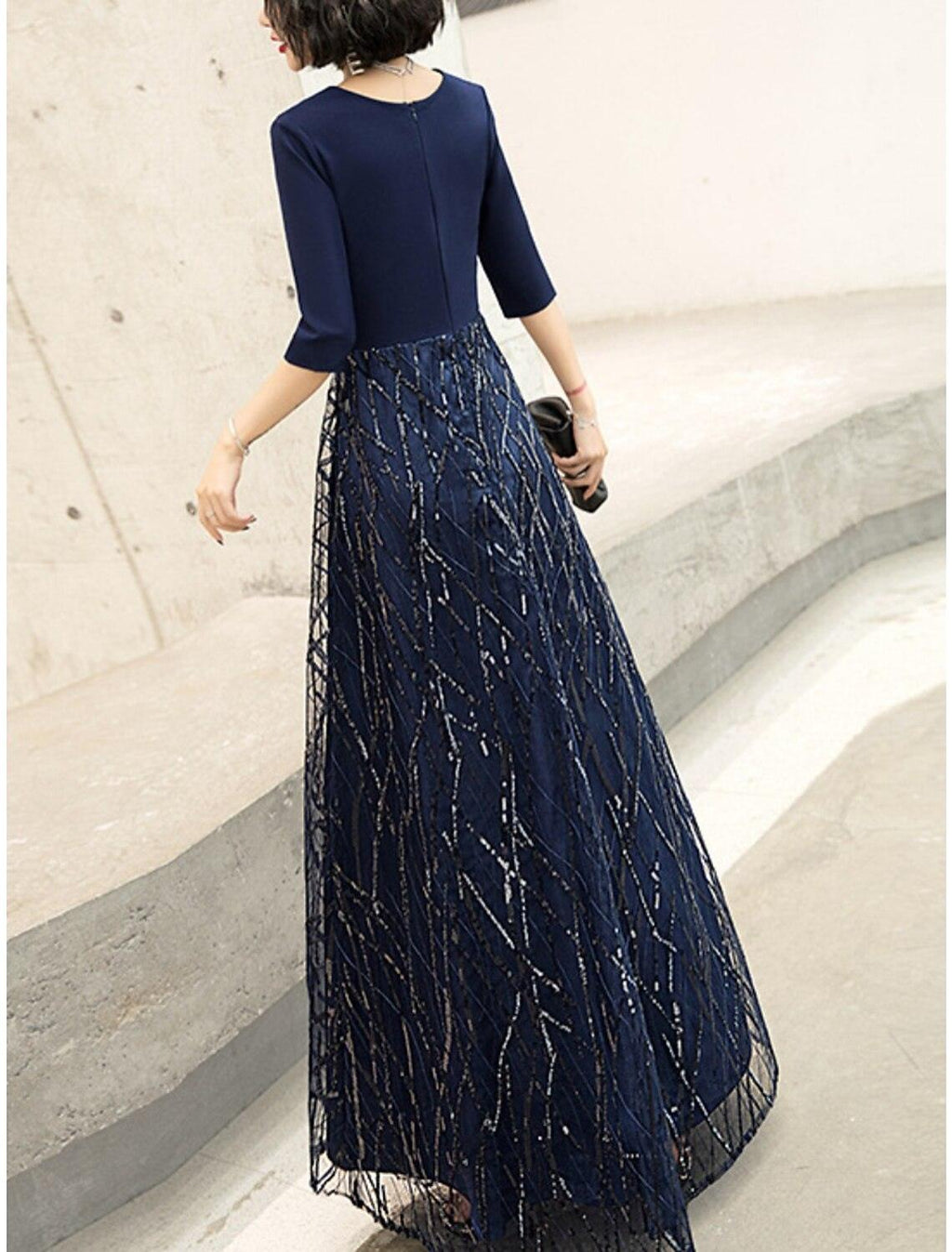 Vestido tubinho/coluna para mãe da noiva, festa de casamento, brilho e cintilante, pequeno, decote em V, comprimento até ao tornozelo, comprimento chá, cetim, lantejoulas, manga 3/4, meia manga com faixa/fita franzida