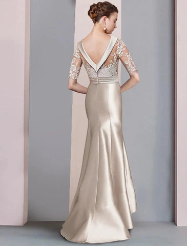 Meerjungfrau/Trompete Kleid für die Brautmutter, formelle Kleider für Hochzeitsgäste im Herbst, elegant, hoch und tief, U-Ausschnitt, Pinselschleppe, asymmetrisch, Satin, Spitze, halbe Ärmel mit Schleife(n), Applikationen