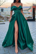 Marina | Vestidos de baile estilo celebridade, corte A, comprimento até ao chão, manga curta, decote em V, cetim com racha