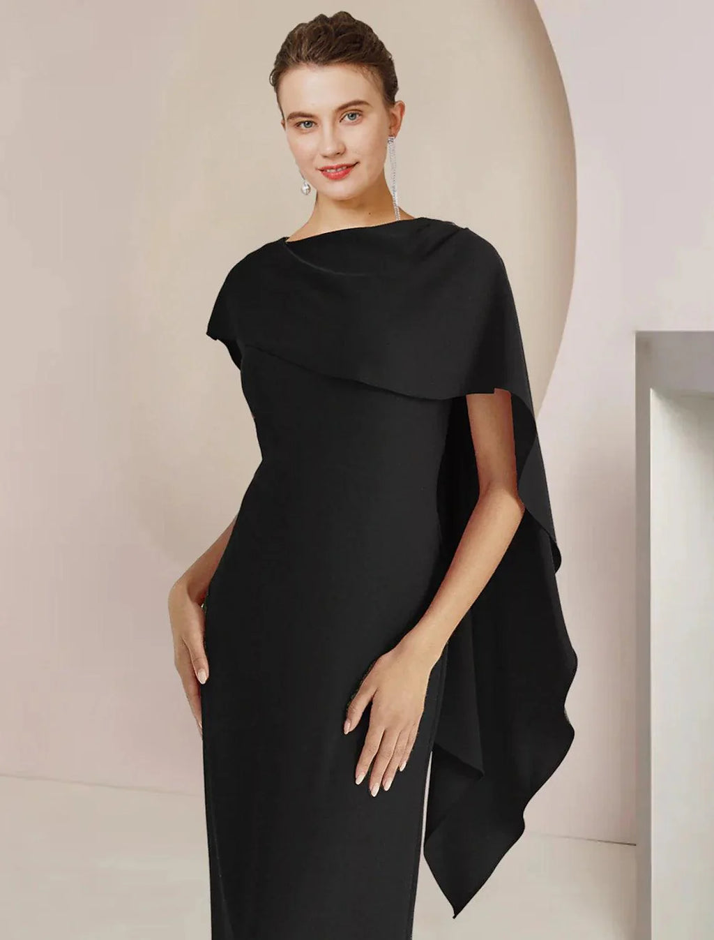 Vestido de mãe da noiva com bainha/coluna, para convidada de casamento formal, elegante, decote redondo, comprimento até ao chão, tecido elástico, sem mangas, com abertura frontal