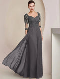 Etuikleid/Säulenkleid für die Mutter der Braut, formeller Hochzeitsgast, elegant, quadratischer Ausschnitt, bodenlang, Chiffon, Spitze, 3/4-Ärmel mit Pailletten-Applikationen, Rüschen