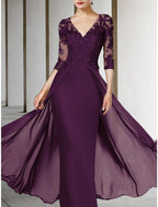 Vestido de festa tubinho/coluna para mãe da noiva, convidada de casamento, elegante, decote em V, comprimento até ao tornozelo, chiffon, renda, meia manga com franzido, cor sólida