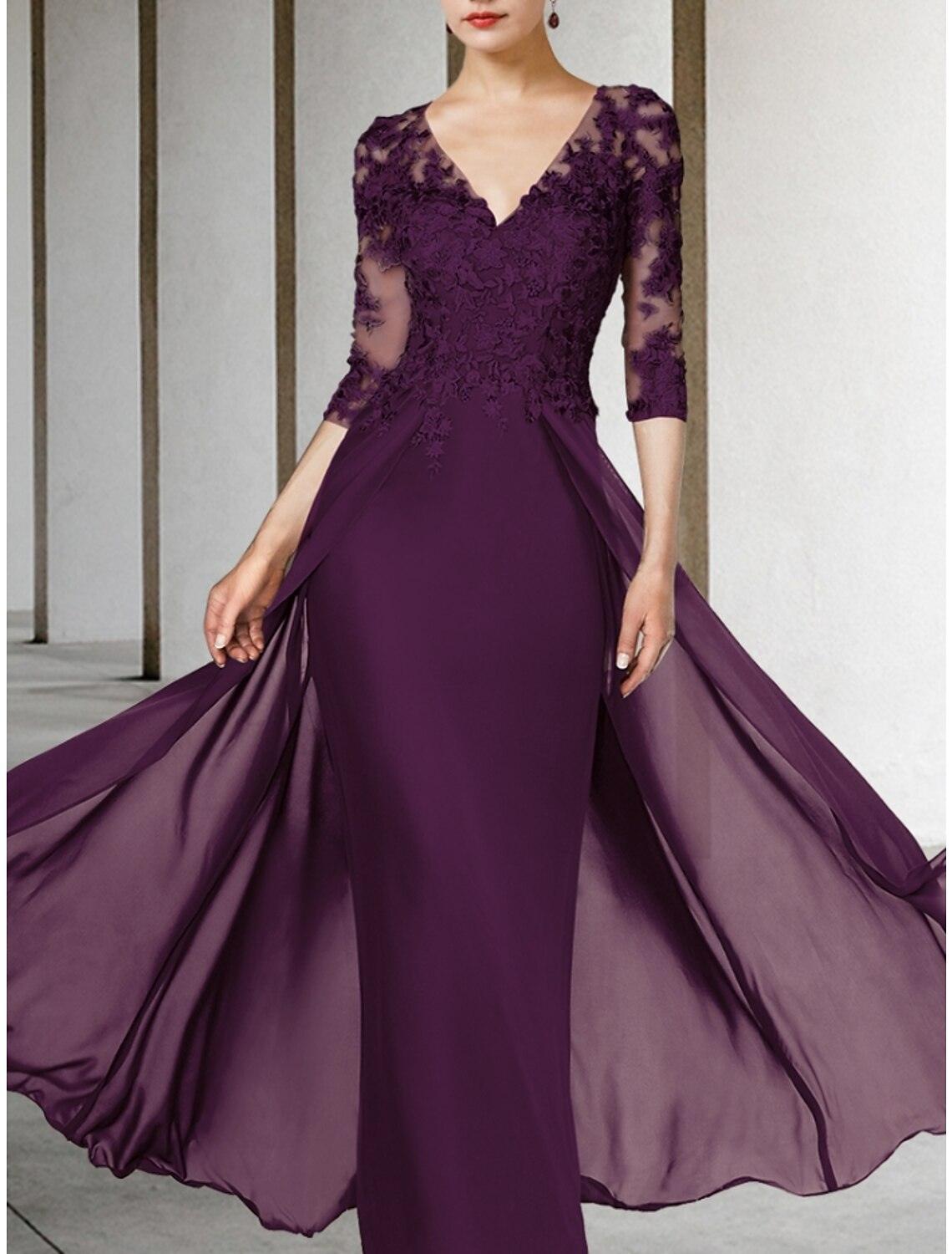 Vestido de festa tubinho/coluna para mãe da noiva, convidada de casamento, elegante, decote em V, comprimento até ao tornozelo, chiffon, renda, meia manga com franzido, cor sólida