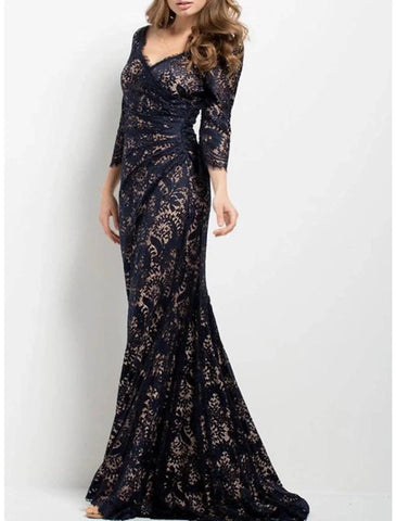 Meerjungfrau/Trompete Kleid für die Brautmutter, Hochzeitsgast, elegant, V-Ausschnitt, Pinselschleppe, Spitze, lange Ärmel, nein, mit gerüschten Applikationen