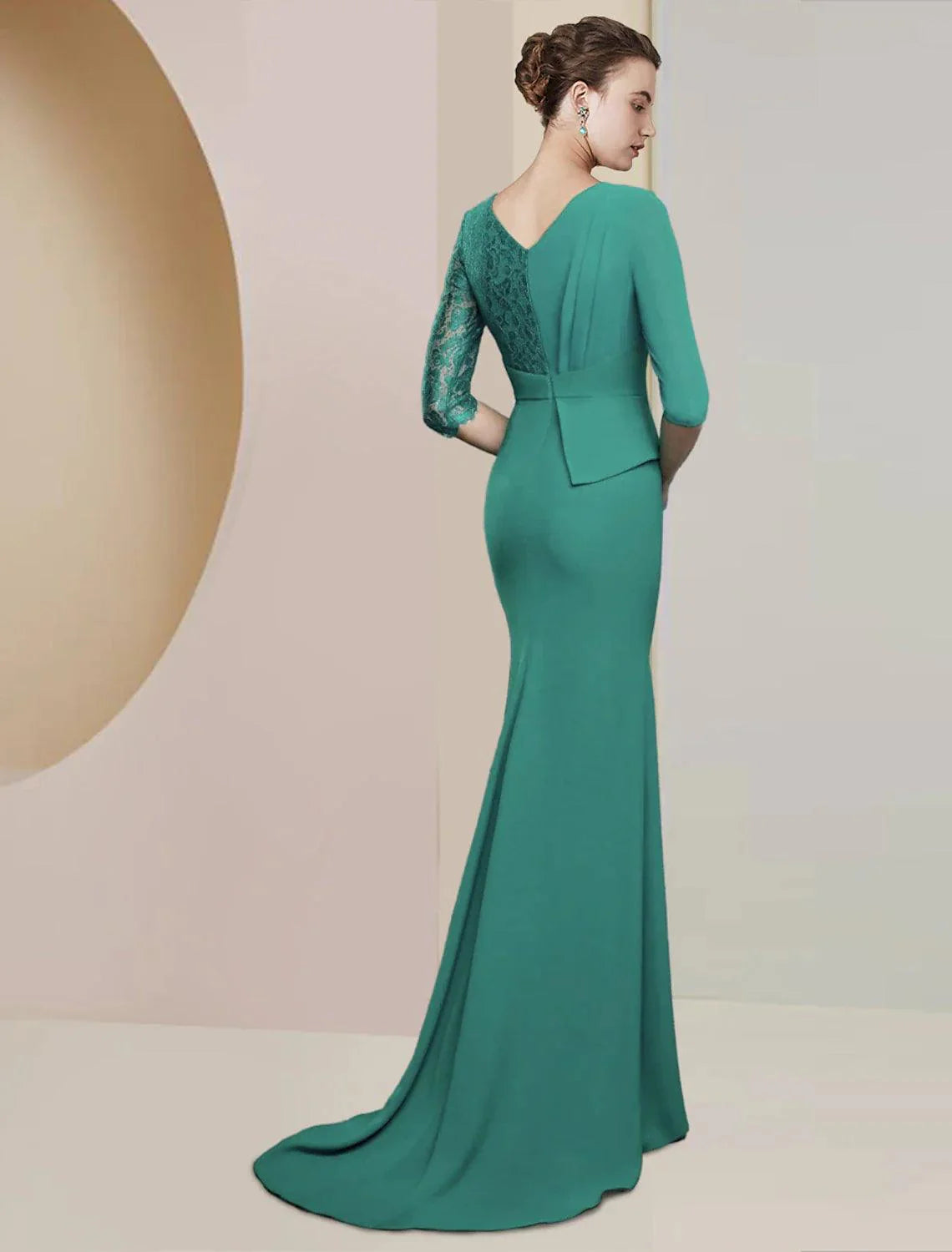 Vestido tubinho/coluna para mãe da noiva, festa formal para convidados de casamento, elegante, decote em V, comprimento até ao chão, chiffon, renda, meia manga com franzido