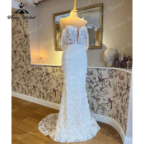 robe de mariée Meerjungfrau/Trompete Brautkleid Weg Von der Schulter V-ausschnitt Spitze 3D Blumen Brautkleid vestido de boda corte sirena
