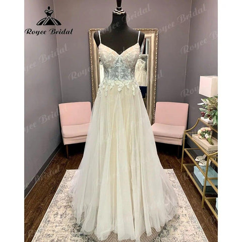 Robe longue Spitze Hochzeit Kleid mit V Ausschnitt 2024 Spaghetti-trägern Brautkleid Backless vestido de novia NumberSea Elegnat 