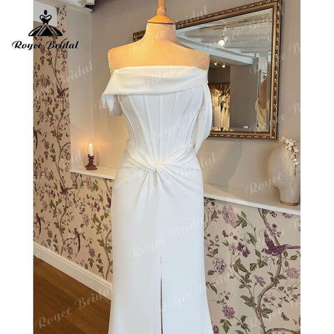 NumberSea robe mariée sirene Schlichtes Satin-Brautkleid, schulterfrei, geteilte Falten, Meerjungfrau-/Trompeten-Hochzeitsempfangskleid für die Braut 