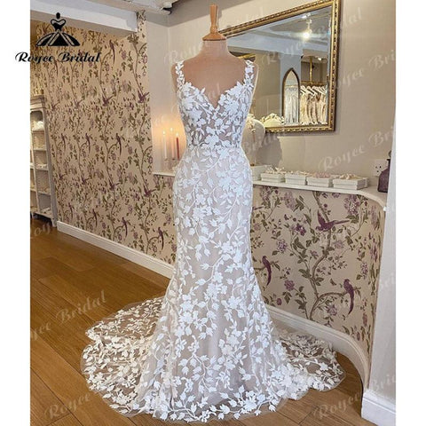 robe mariée sirene Spaghettiträger Boho Brautkleid Rückenfrei Spitze Sweetheart Meerjungfrau/Trompete Strand Mariage Brautkleid 2022