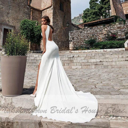 NumberSea Robe de mariée sexy en satin sirène dos nu
