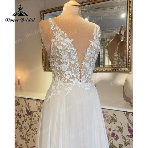 Robes de soirée Strand Hochzeit Kleid Tiefem V-ausschnitt Spitze Appliqued Chiffon Tank Boho Hochzeit Party Kleid vestido para boda playa 2022