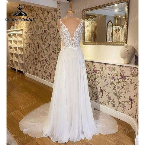 Robes de soirée Strand Hochzeit Kleid Tiefem V-ausschnitt Spitze Appliqued Chiffon Tank Boho Hochzeit Party Kleid vestido para boda playa 2022