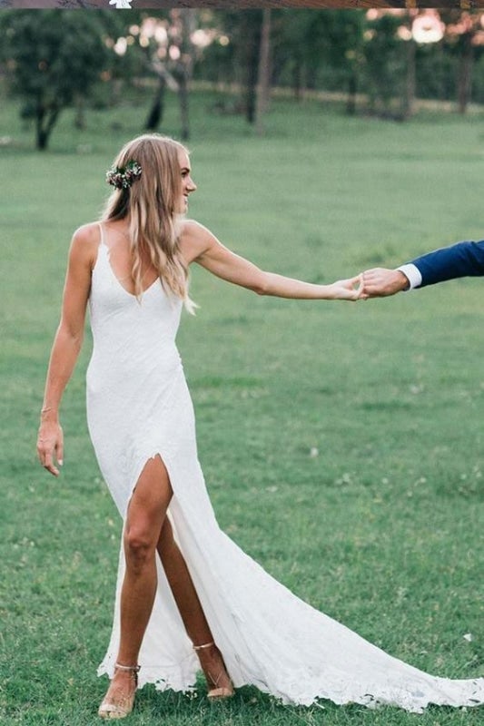 Romantisches Boho-Tiefauschnitt-Rückenfreies Spitzen-Schönes Meerjungfrau-Elegantes Hochzeitskleid