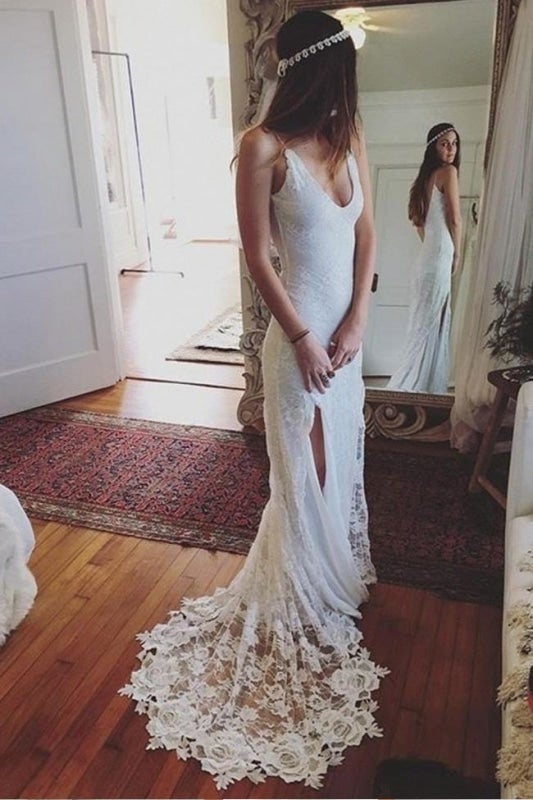 Romantisches Boho-Tiefauschnitt-Rückenfreies Spitzen-Schönes Meerjungfrau-Elegantes Hochzeitskleid