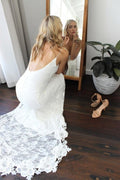 Romantisches Boho-Tiefauschnitt-Rückenfreies Spitzen-Schönes Meerjungfrau-Elegantes Hochzeitskleid