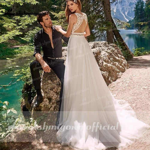NumberSea Robe de mariée romantique en dentelle boho de plage