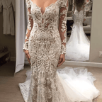 Romantisches langes Applikations-Rückenfreies Spitzen-Schwanzkleid in Elfenbein für Hochzeitskleider